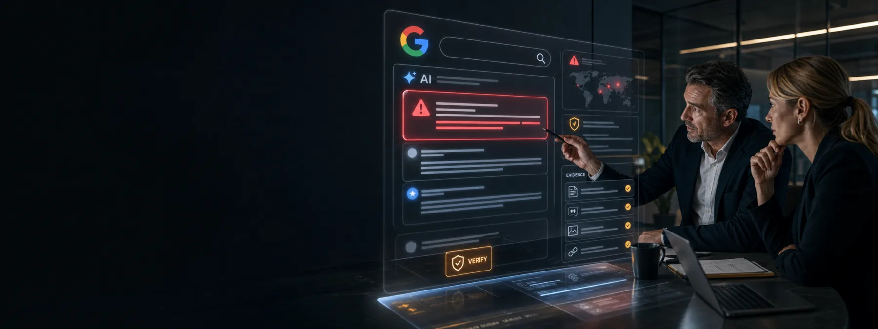 Editorial image showing a business owner reviewing an AI-generated search result warning and reputation response checklist.
