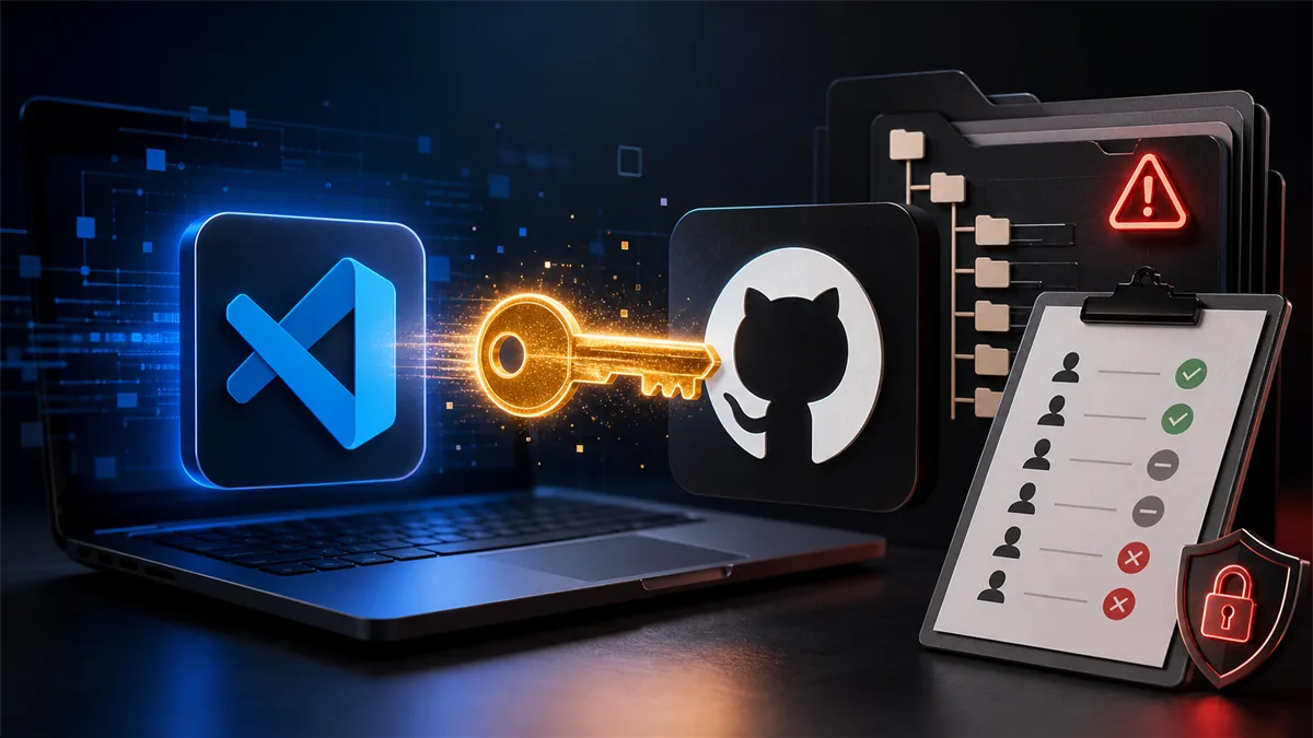 Business owner reviewing GitHub source-code access, developer tools, and token permissions after a VS Code security report.