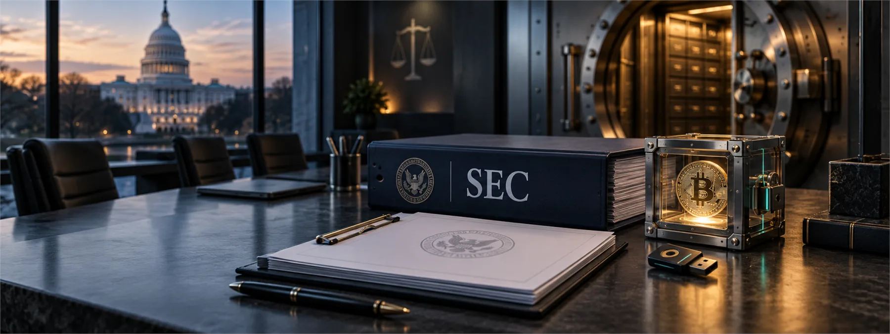 Editorial image of SEC crypto custody controls, digital asset keys, and vendor evidence documents on a financial services desk.