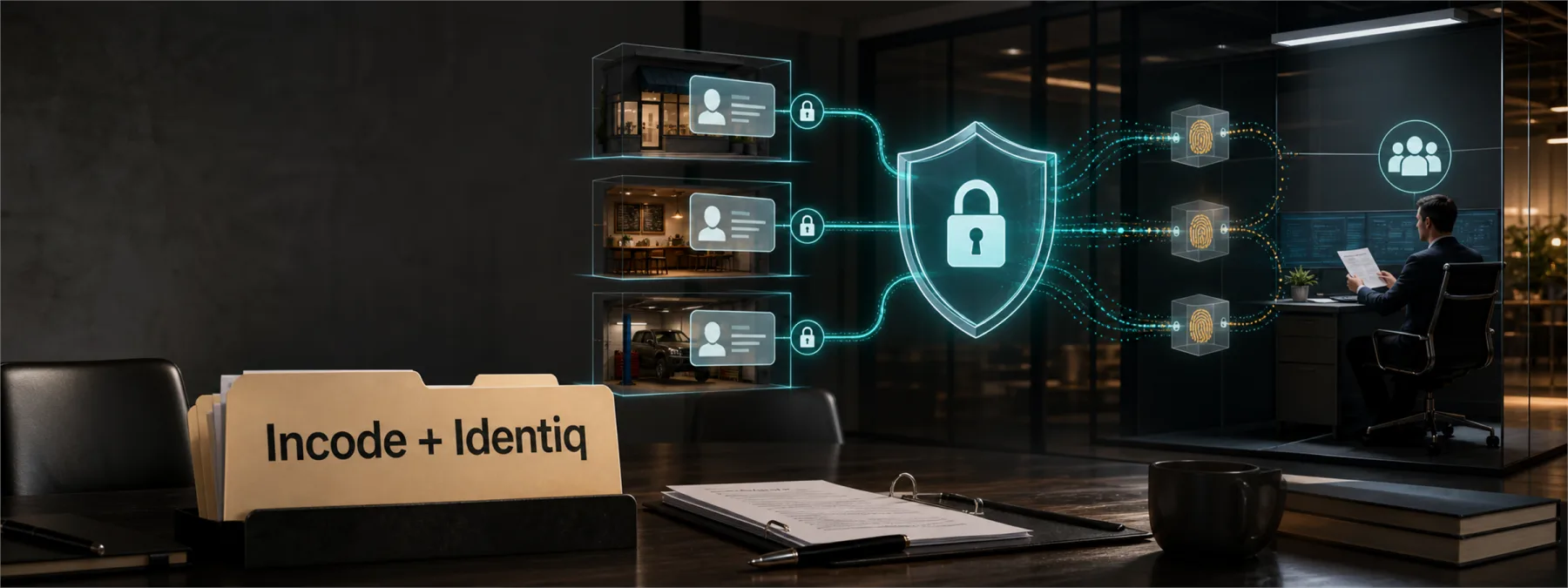 Editorial image showing privacy-preserving identity verification and fraud signal review in a business setting.