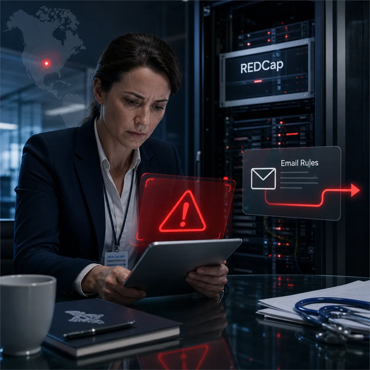 Editorial image of a healthcare administrator reviewing REDCap server upgrade evidence and email rule audit warnings.