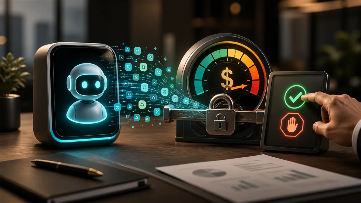 Editorial image of an AI agent spending meter with approval controls and a business owner reviewing usage limits.