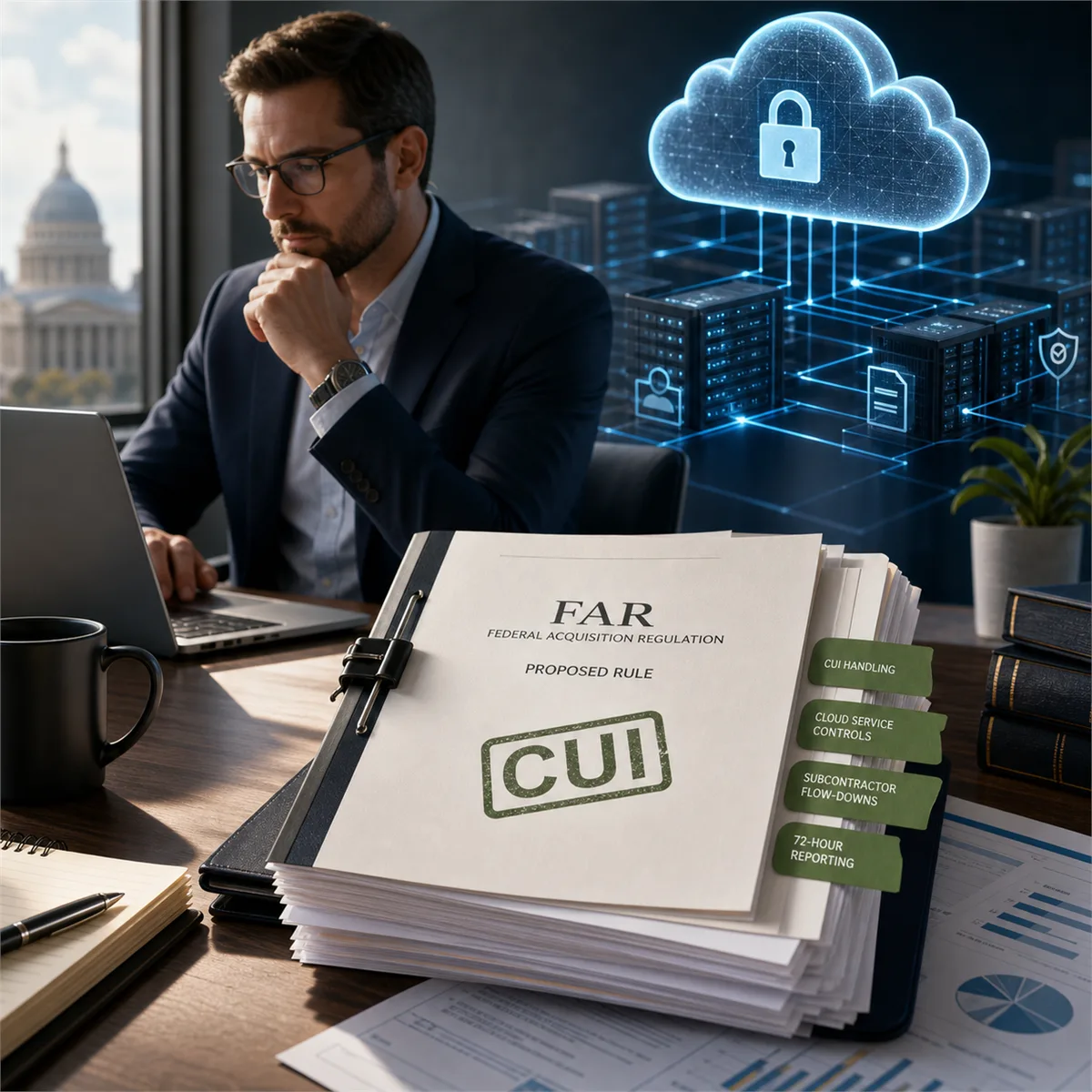 Federal contractor reviewing cloud and CUI control documents with secure systems in the background
