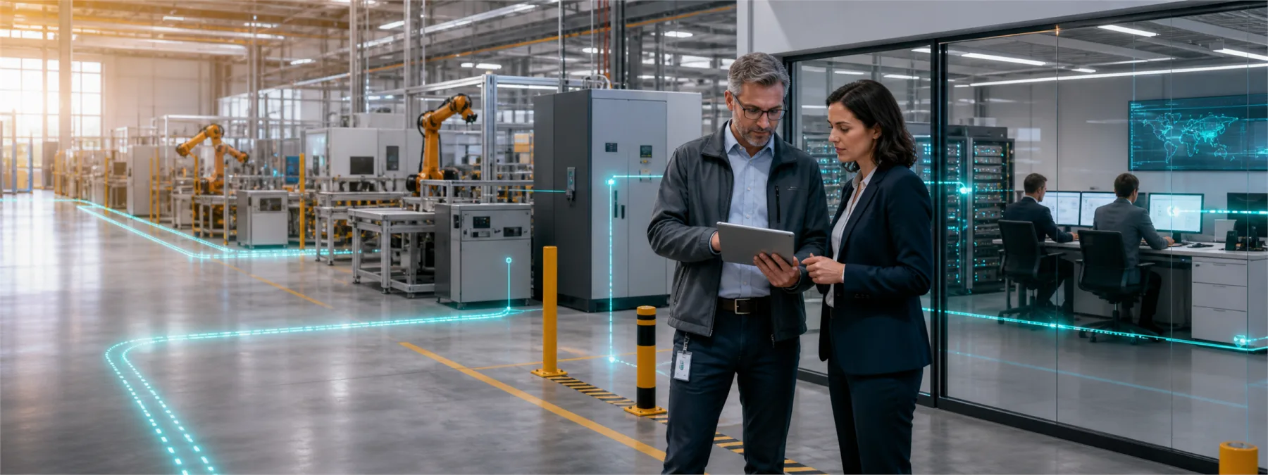 A modern manufacturing floor with connected machines, cloud links, and a security review checkpoint.