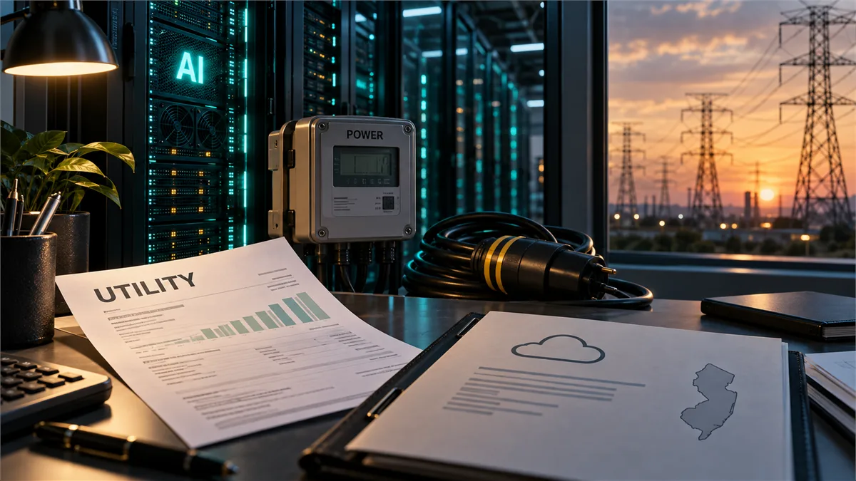 Editorial image of an AI data center, power grid lines, and business utility cost planning.