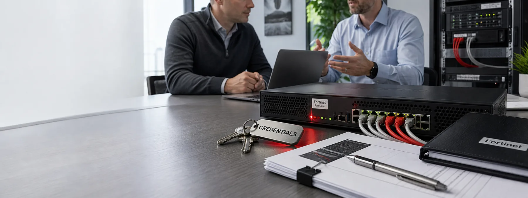 Editorial image showing a business firewall and VPN credential review with provider evidence, access logs, and remediation notes.