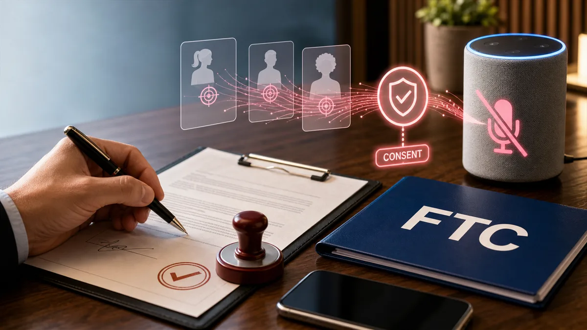 Editorial image of a business owner reviewing AI marketing vendor claims, consent records, and ad-tech data sources.