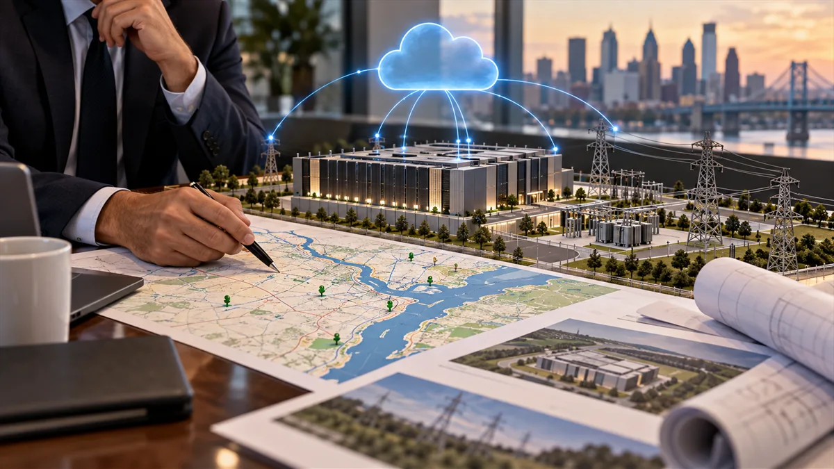 Business owner reviewing cloud and data center planning notes with regional infrastructure visible in the background
