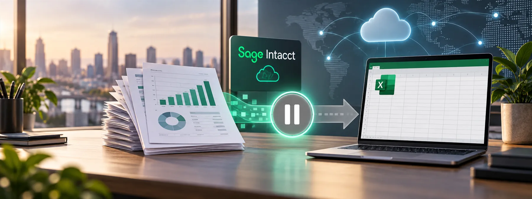 A business finance dashboard paused beside exported spreadsheet reports, representing a cloud accounting reporting outage.
