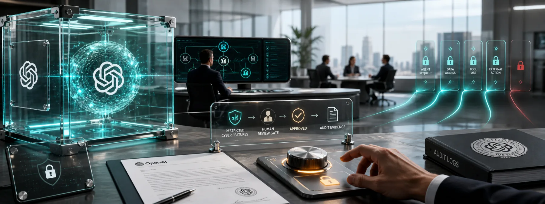 Editorial image of OpenAI Astra cyber-capable AI agent access controls with human review gates, logs, and business security oversight.