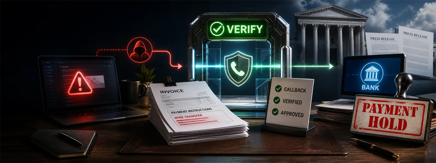Editorial image of a business owner reviewing wire transfer instructions, verified payment controls, and a business email compromise warning before approving a large payment.