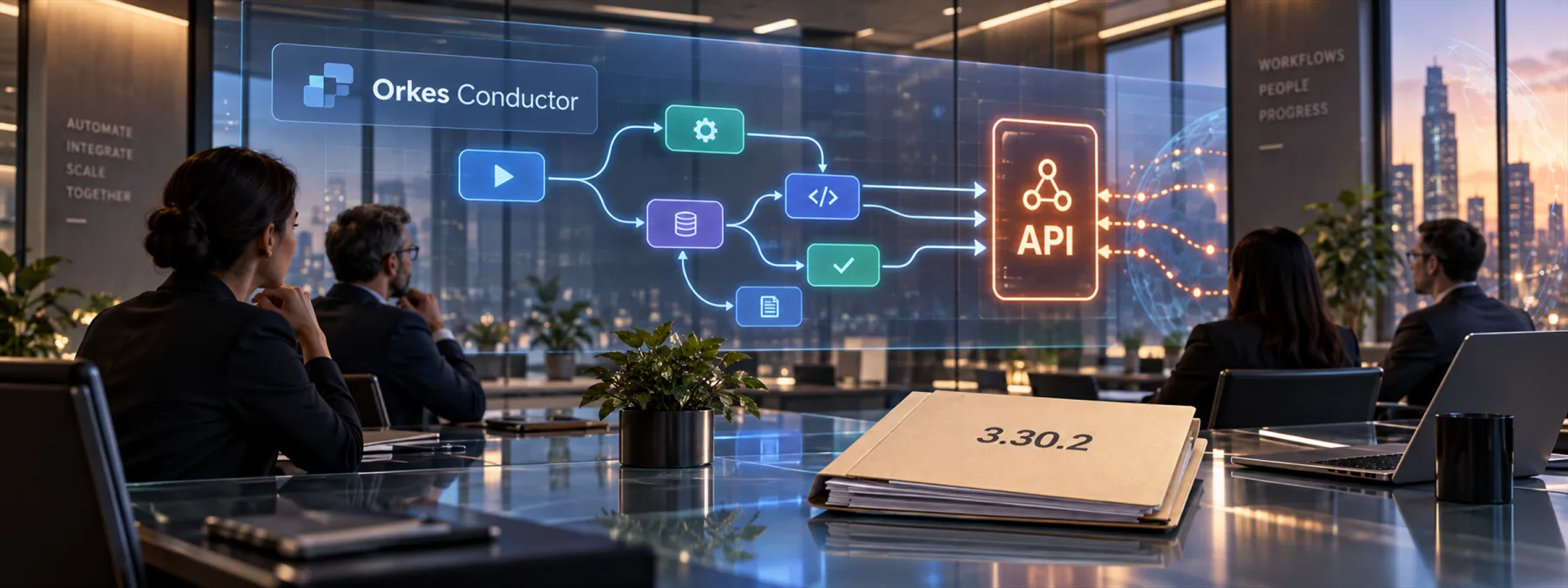 Editorial image of a business owner reviewing workflow automation API exposure and patch evidence for Orkes Conductor.