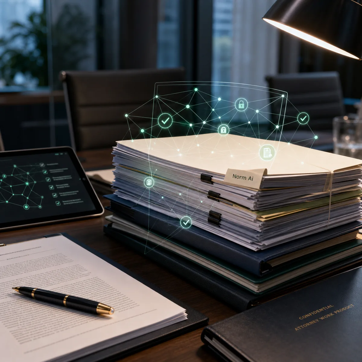 Editorial image about AI legal services, compliance review, attorney supervision, and vendor accountability.