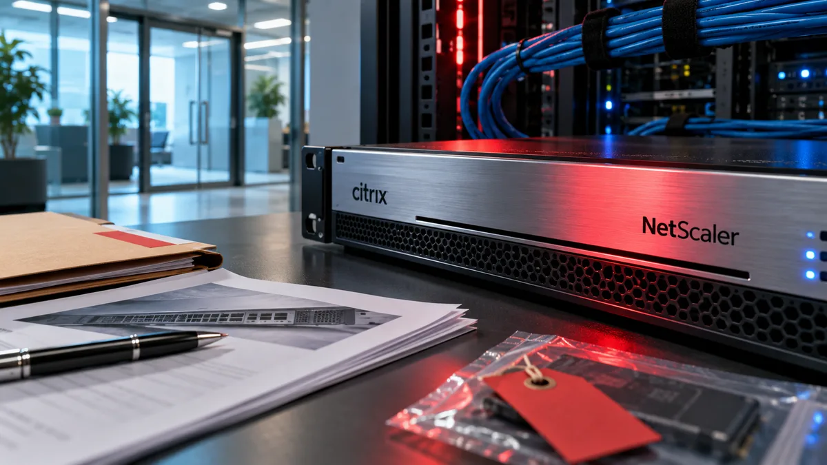 Editorial image of a Citrix NetScaler VPN gateway at a business network front door under security review.