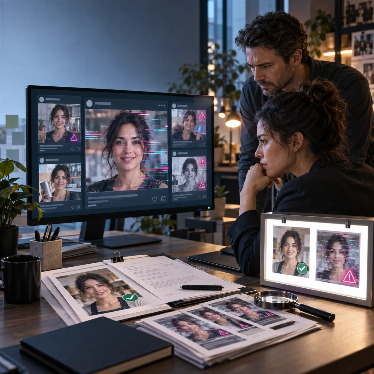Editorial image of a business owner reviewing deepfake social ads, impersonation risk, and brand approval evidence.
