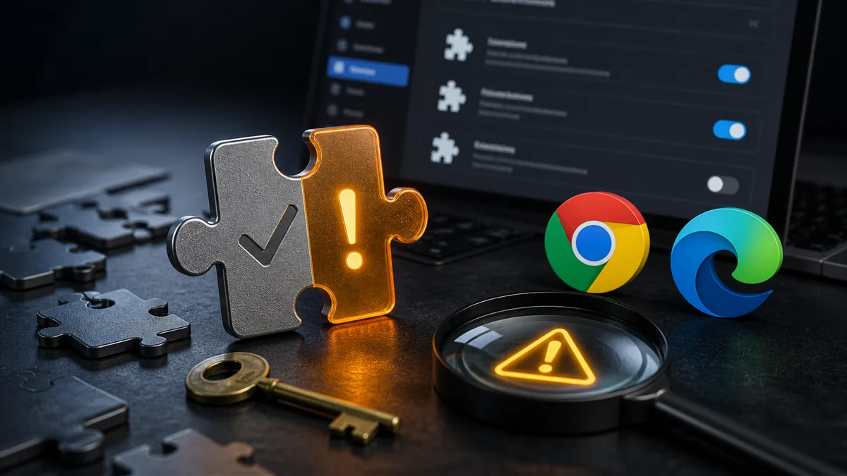 Editorial image of Chrome and Edge browser extension puzzle pieces under security review by a business owner.