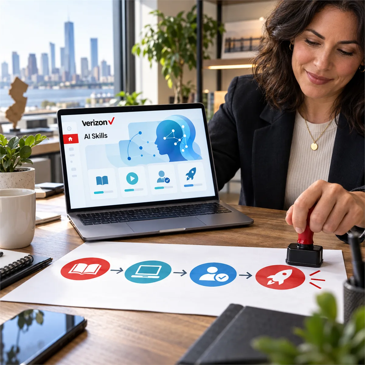 Editorial image of a New Jersey small business owner planning an AI training pilot with workflow notes and approved-tool guardrails.