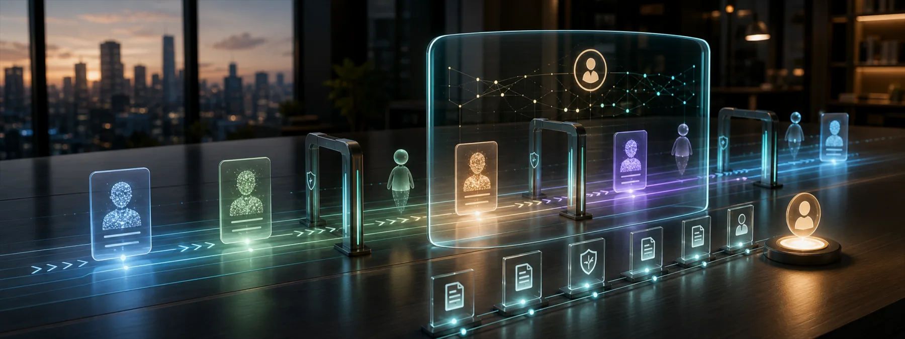 Editorial image about AI agent identity management, permissions, audit logs, and business workflow approval.
