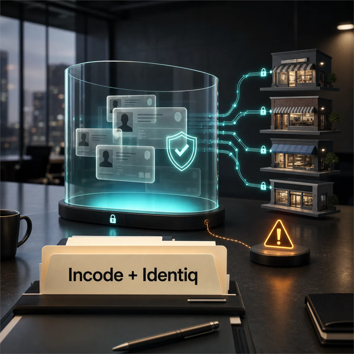 Editorial image showing privacy-preserving identity verification and fraud signal review in a business setting.