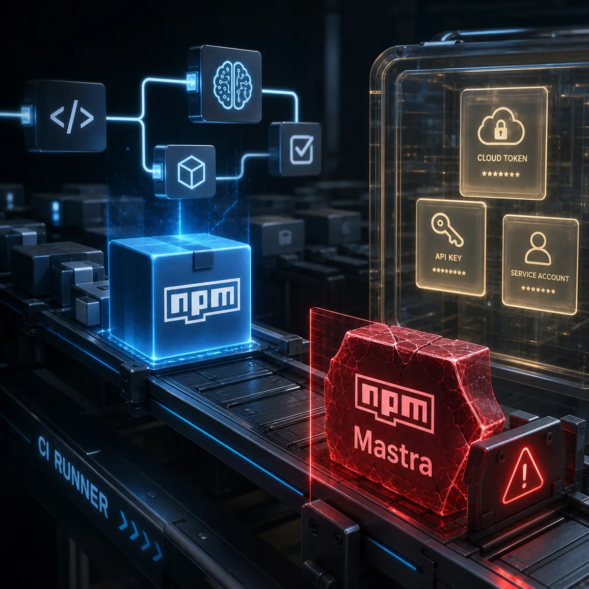 Editorial image showing an AI software build pipeline under dependency review after the Mastra npm supply-chain attack.
