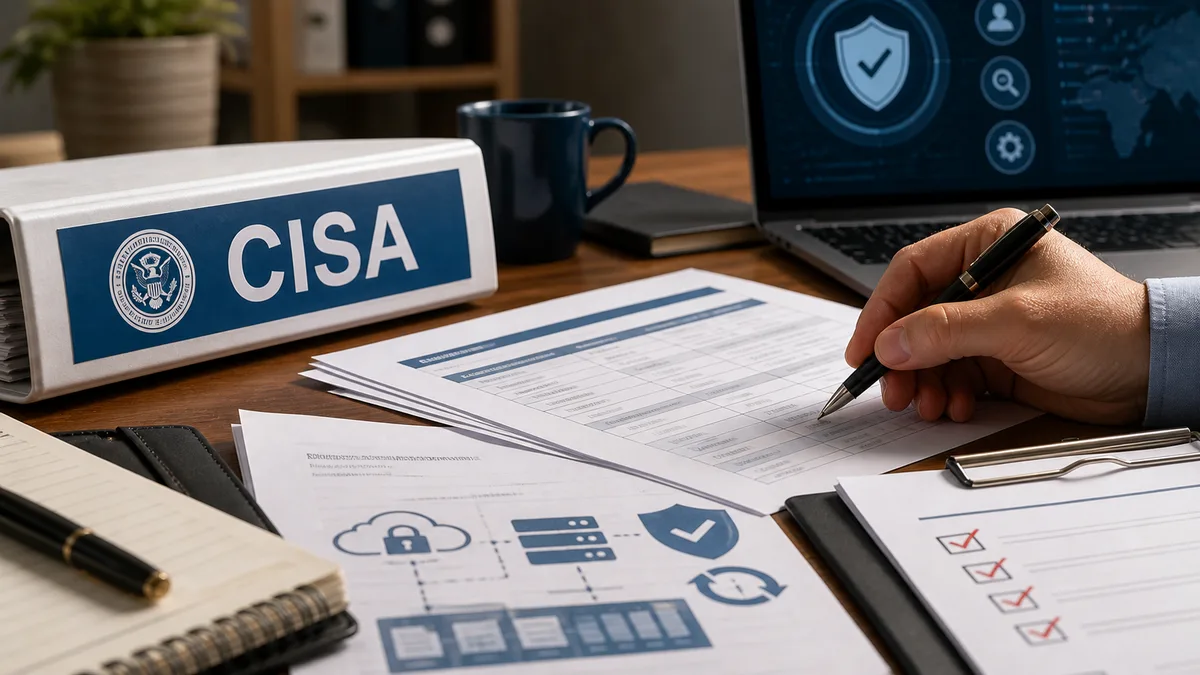 Editorial image showing a business resilience review document beside a CISA-labeled assessment folder and cybersecurity planning artifacts.