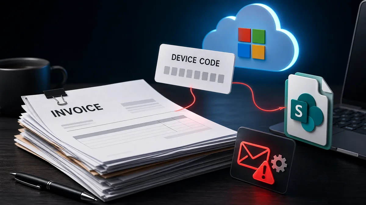 Editorial image about ARToken Microsoft 365 device-code phishing, invoice fraud, SharePoint links, and business email compromise risk.
