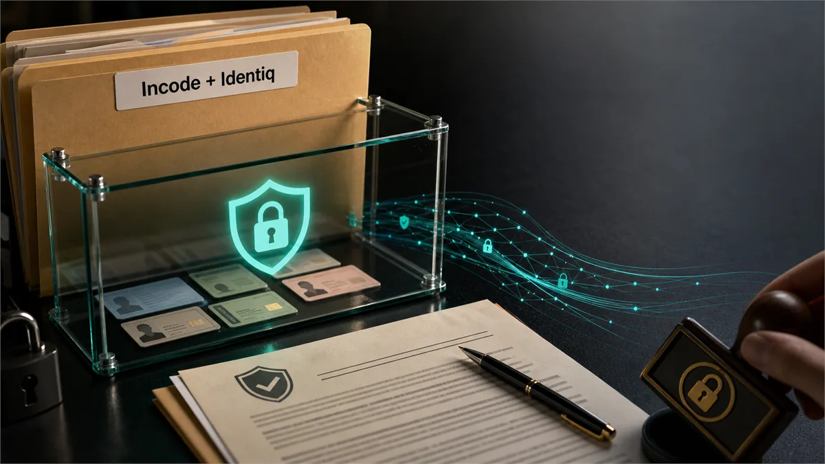 Editorial image showing privacy-preserving identity verification and fraud signal review in a business setting.