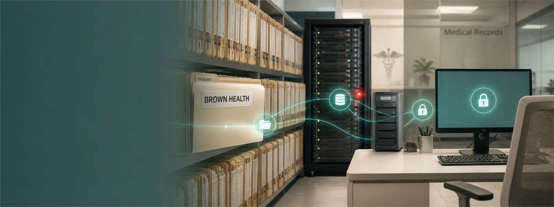 Editorial image of a medical office file server with patient records and access controls under review.