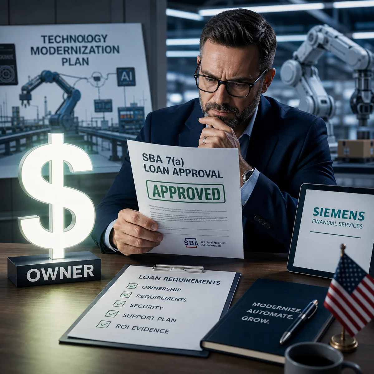 Business owner reviewing financed technology project plans before approving automation and AI spending.