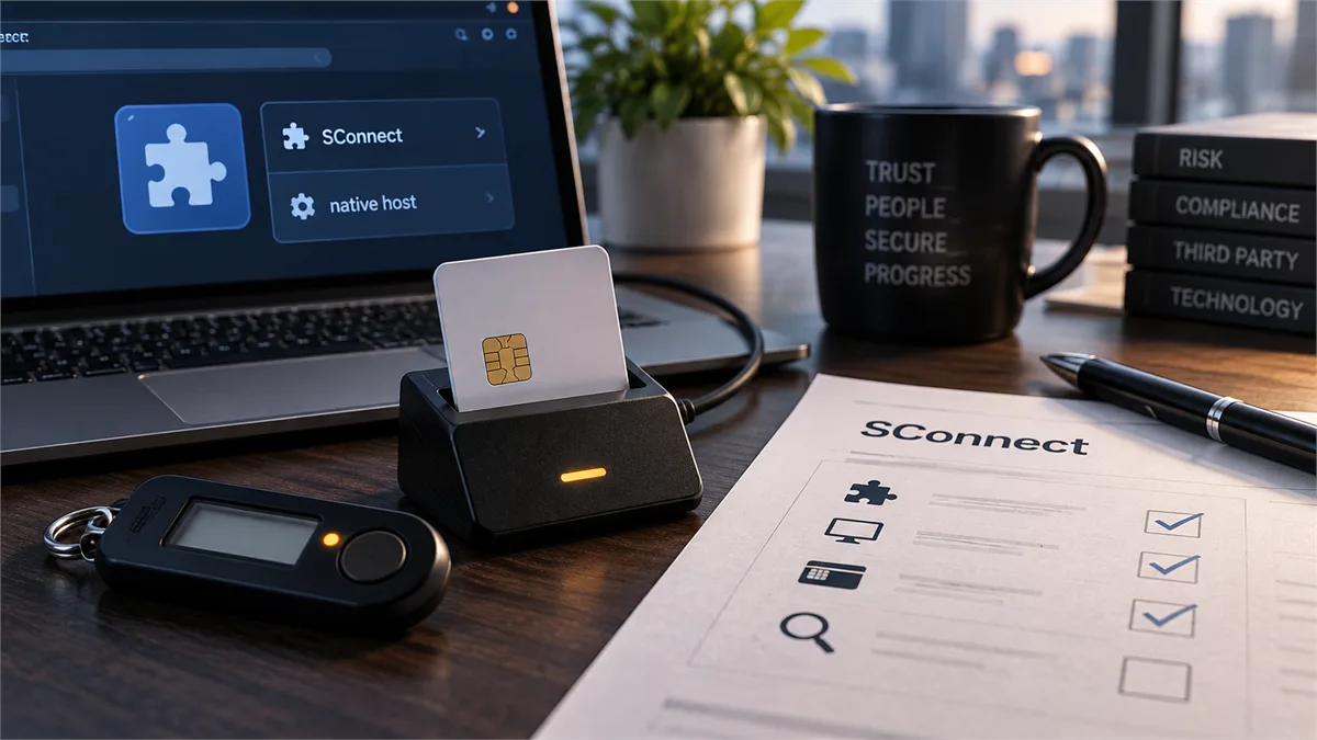 Editorial image of a business owner reviewing hardware-token authentication middleware, browser extensions, and version evidence for SConnect risk.