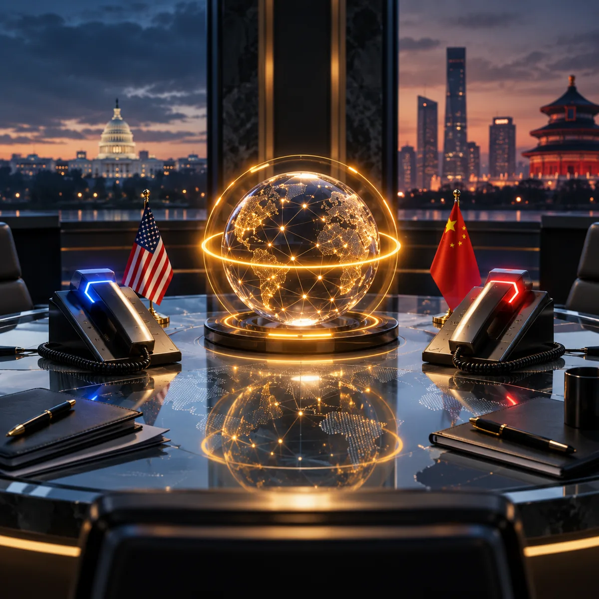 Editorial image of U.S. and China desk flags, secure hotline terminals, and a glowing AI incident coordination globe on a conference table.