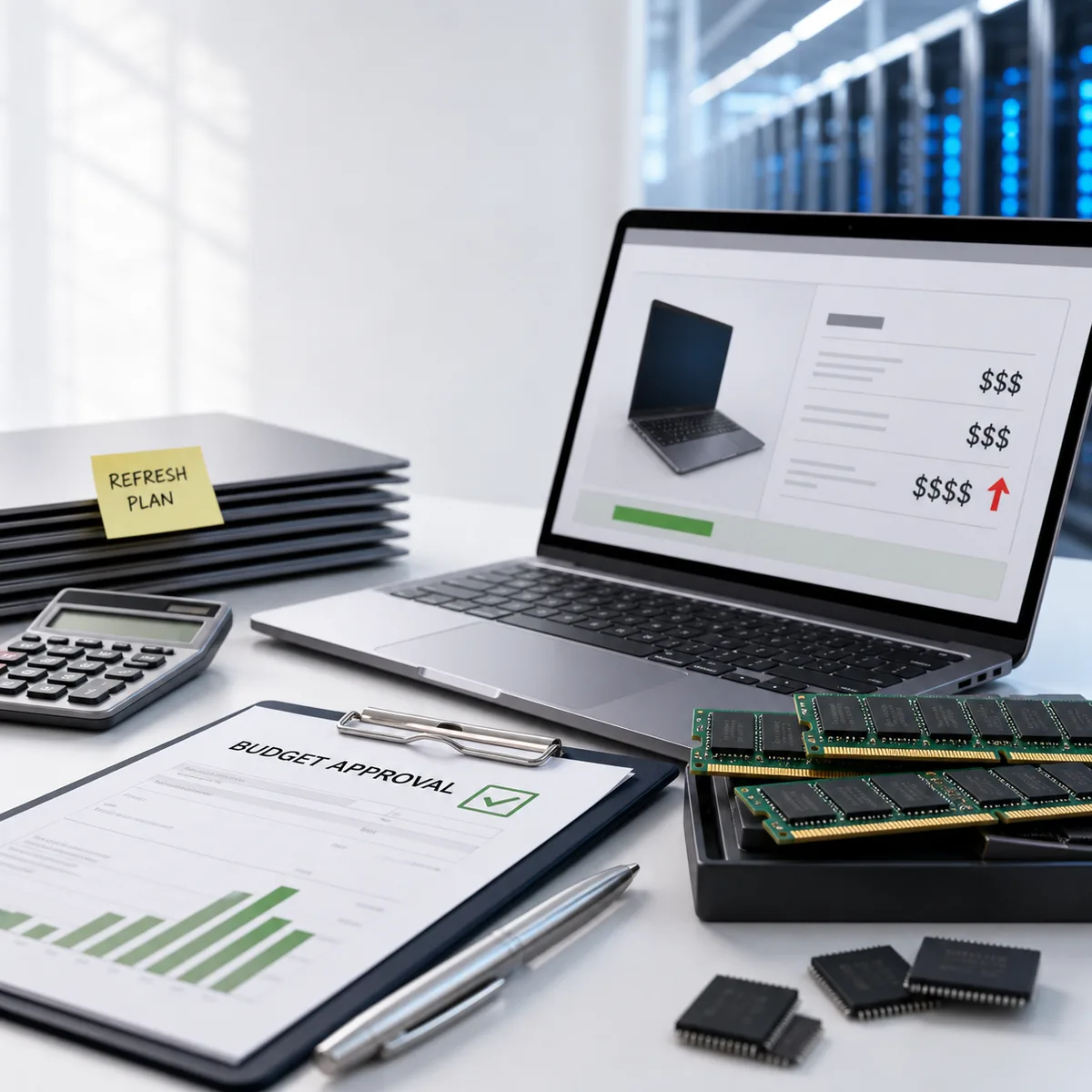Editorial image of a business device refresh review with laptops, memory chips, lifecycle records, and procurement budget signals.