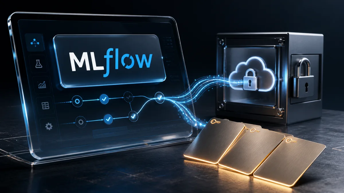 Editorial illustration of an AI tracking dashboard connected to cloud credentials and access controls