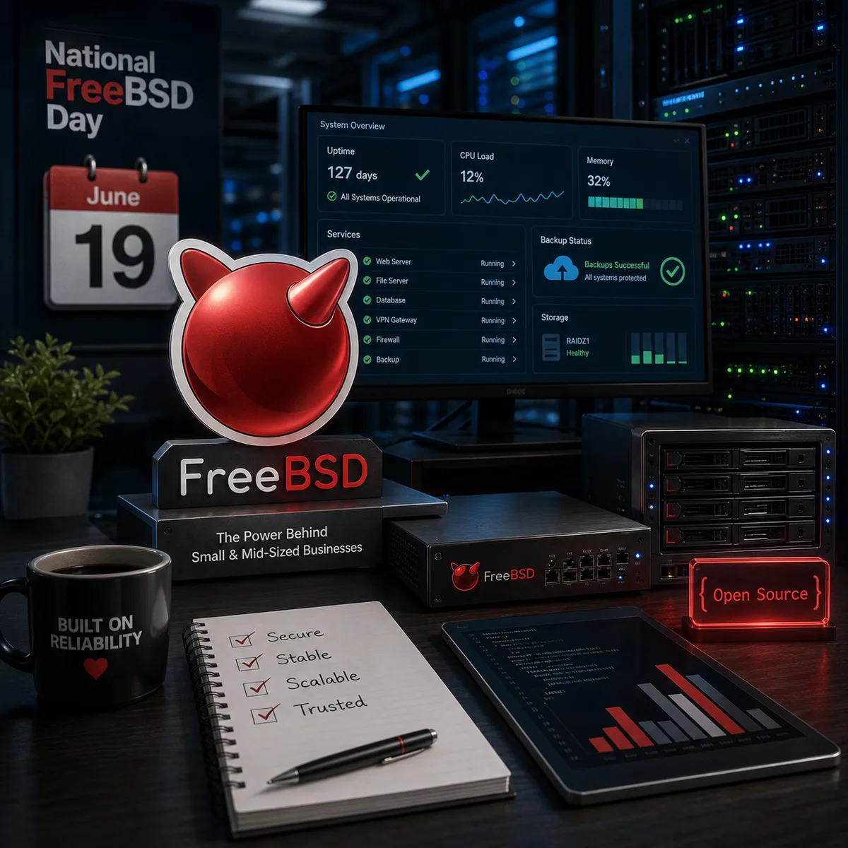Editorial image for National FreeBSD Day showing reliable open-source infrastructure supporting small business systems