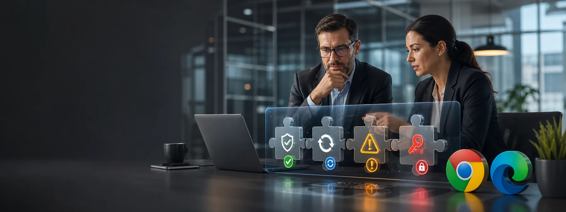 Editorial image of Chrome and Edge browser extension puzzle pieces under security review by a business owner.