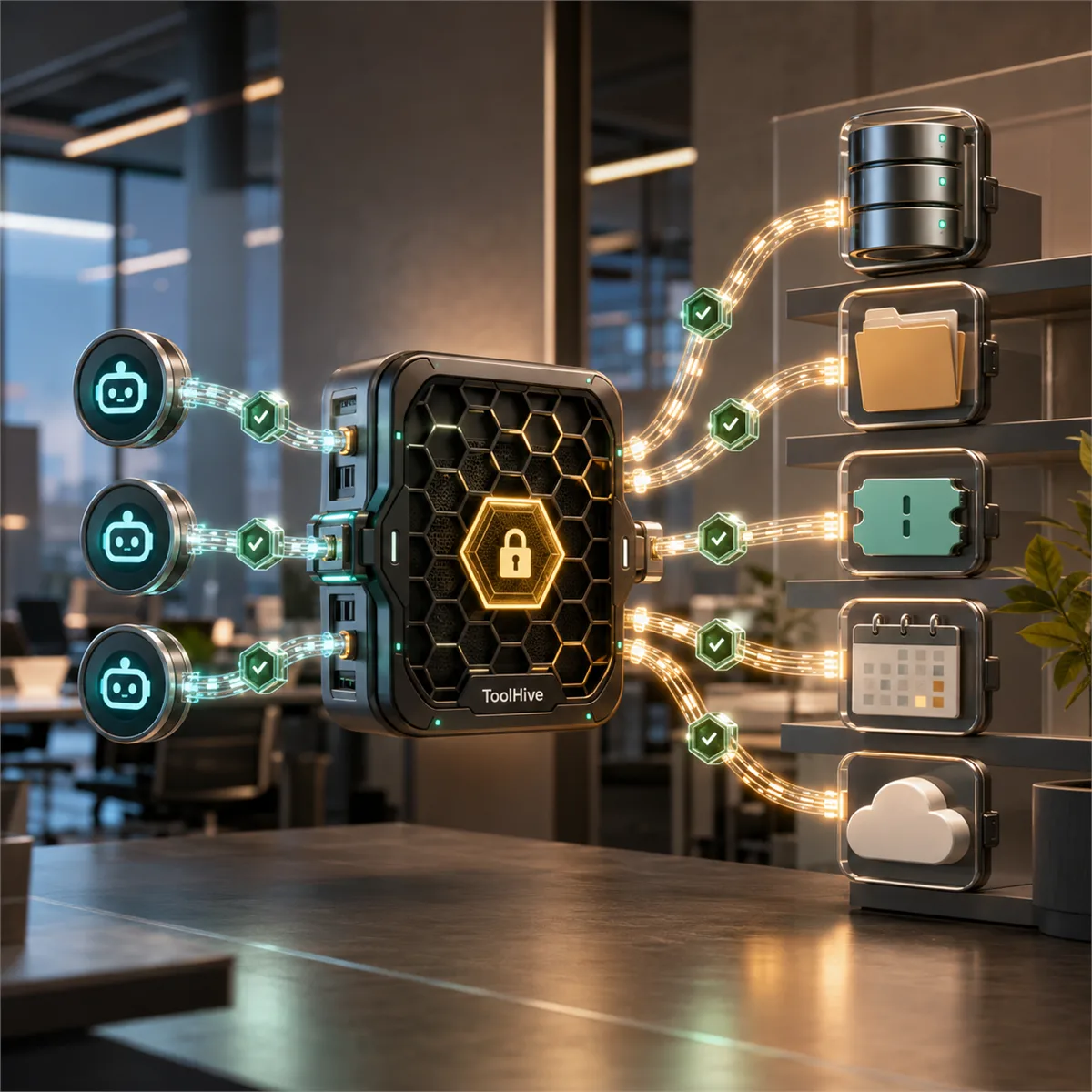 Editorial image showing AI connectors flowing through a controlled access gateway toward business systems.
