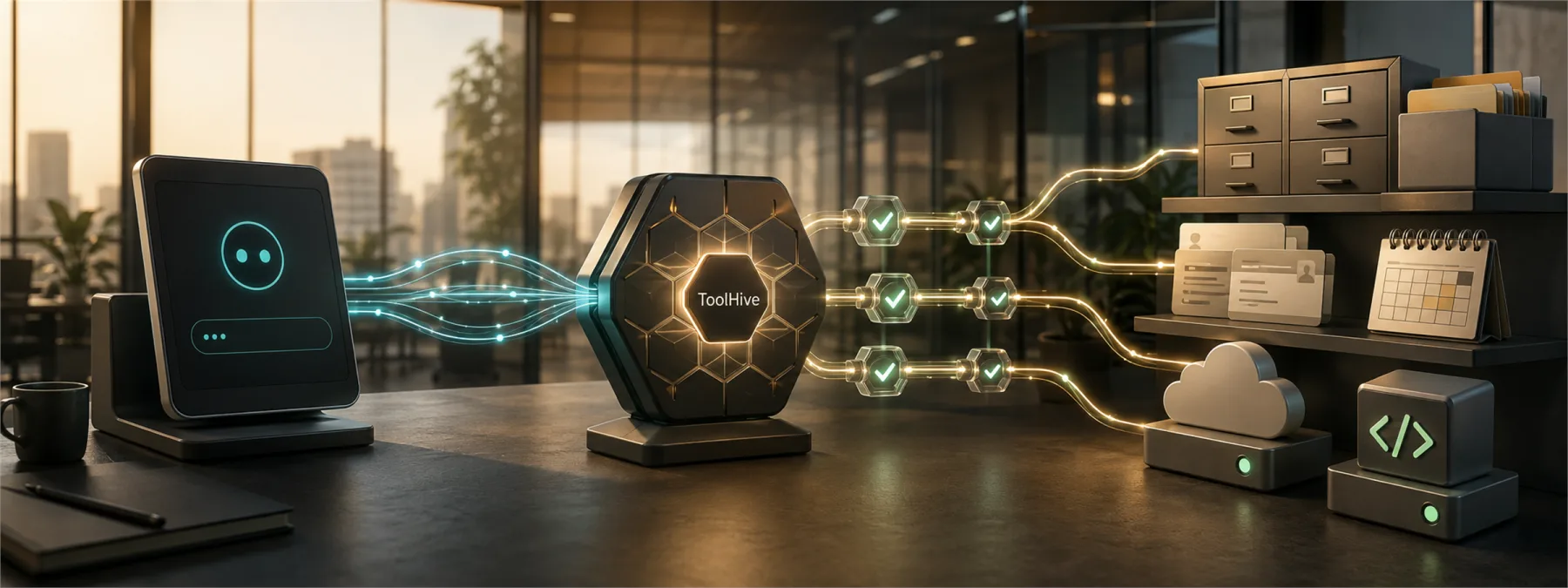 Editorial image showing AI connectors flowing through a controlled access gateway toward business systems.