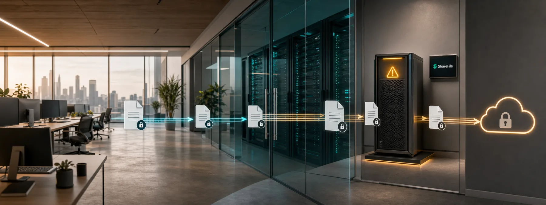 Editorial image showing a secure file-transfer server being isolated while business documents move through a controlled alternate workflow.