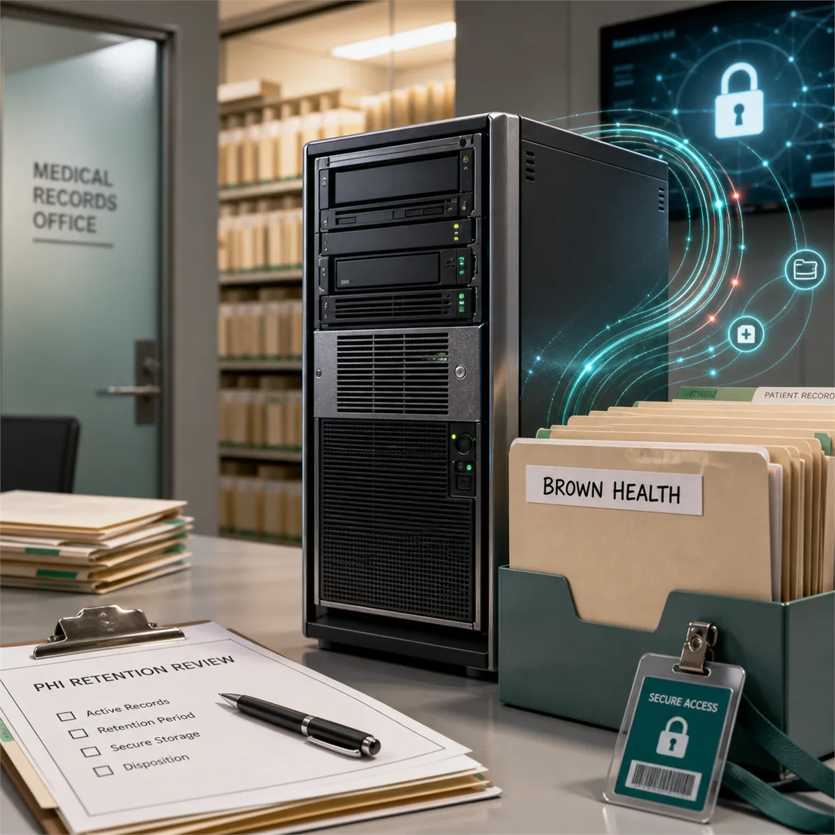 Editorial image of a medical office file server with patient records and access controls under review.