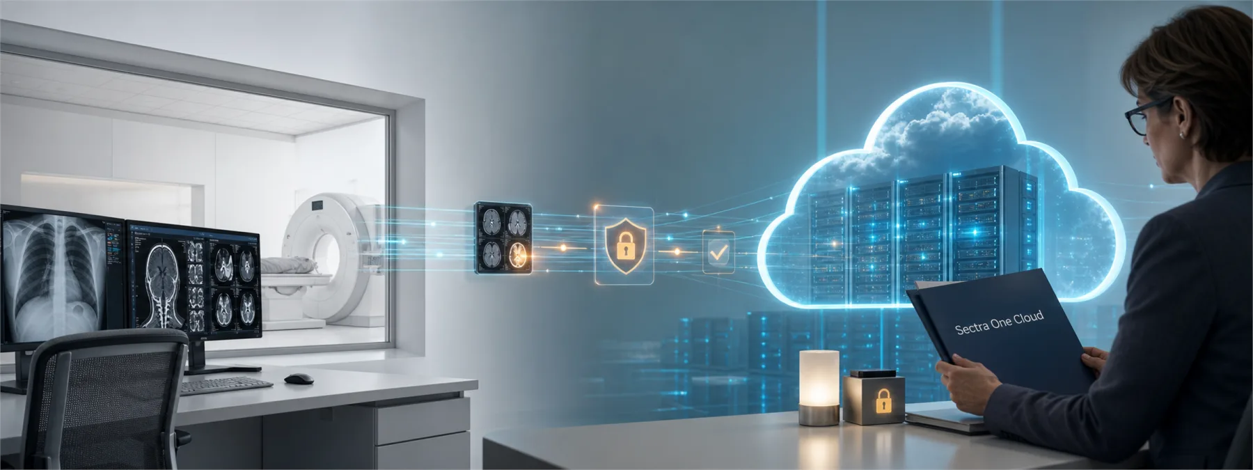 Editorial image of healthcare imaging data moving into a secure cloud review process.