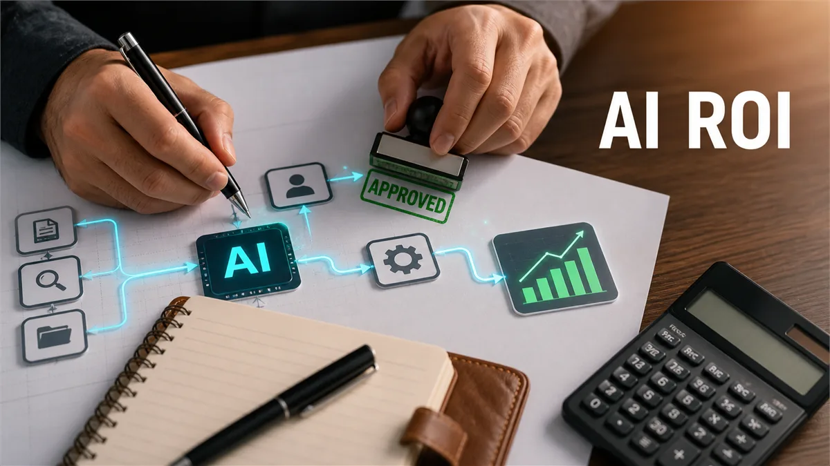 Editorial image of a business owner reviewing AI workflow costs, ROI metrics, and approval paths on a modern desk.