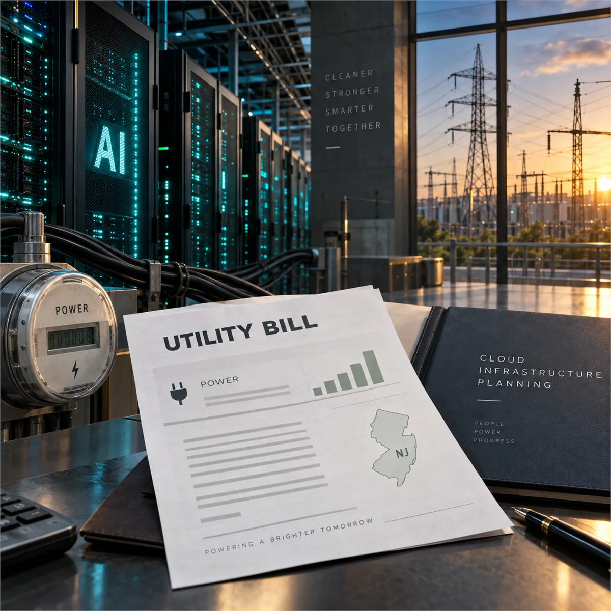 Editorial image of an AI data center, power grid lines, and business utility cost planning.