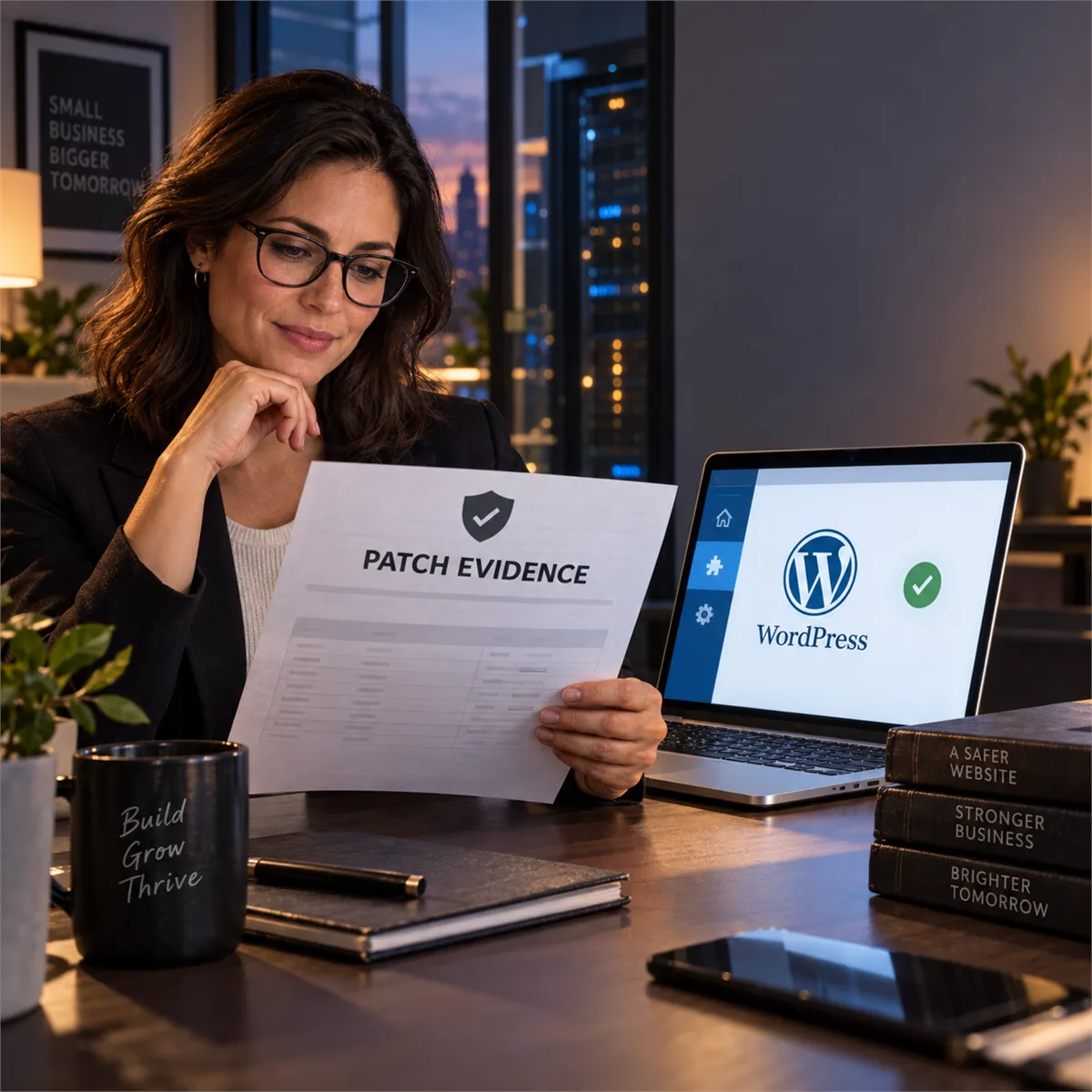 Editorial image of a business owner reviewing WordPress patch evidence and hosting security records.