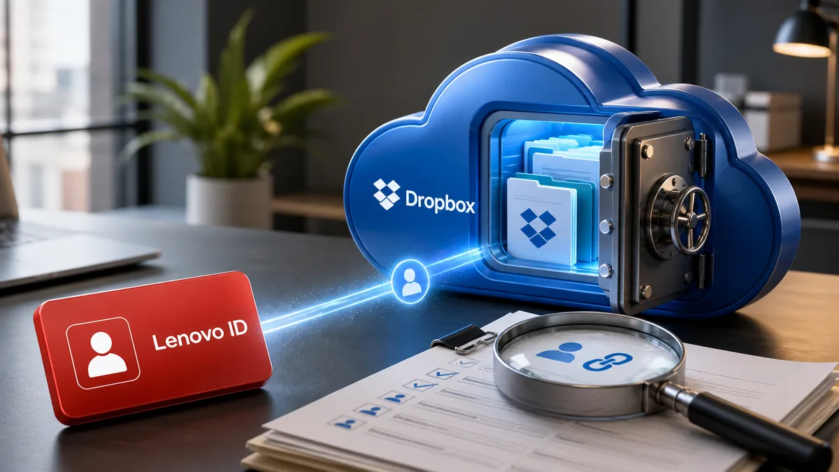 Editorial image showing Dropbox cloud storage access connected to a Lenovo ID sign-in path under review.