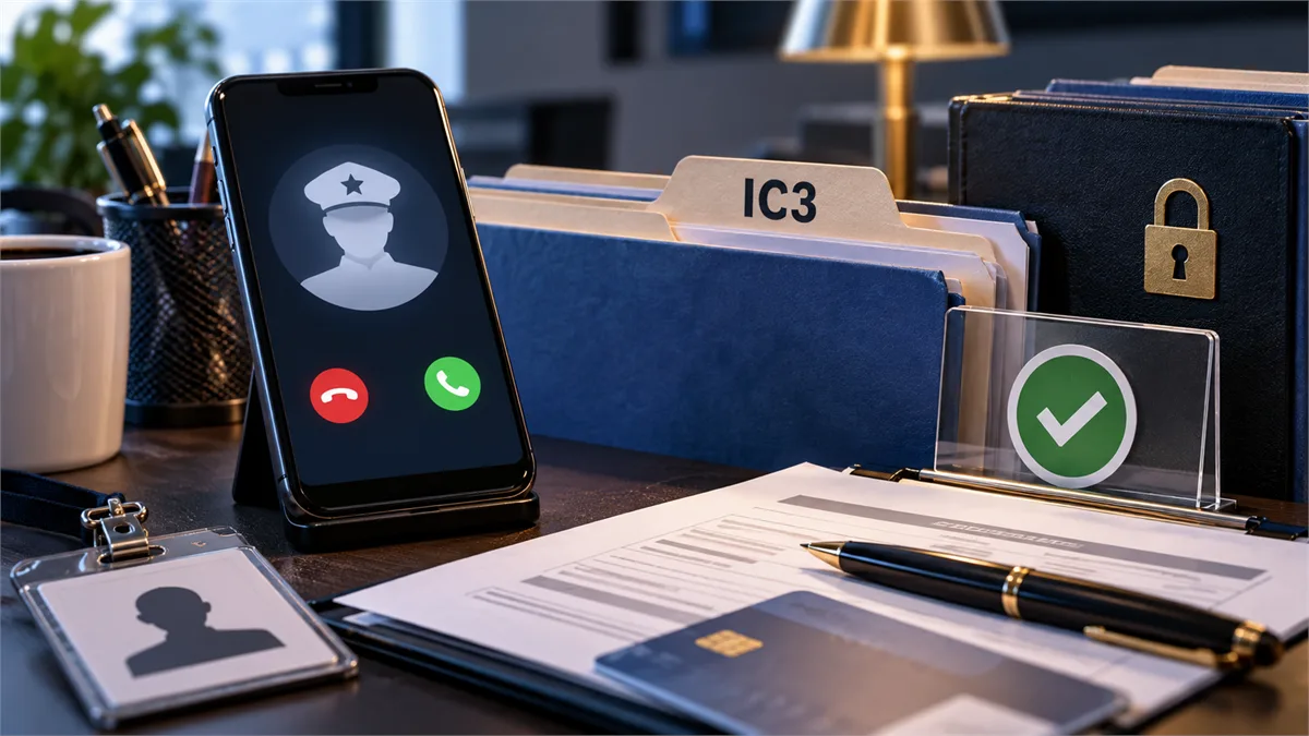 A business owner reviews a suspicious official-looking payment request with verification controls visible.