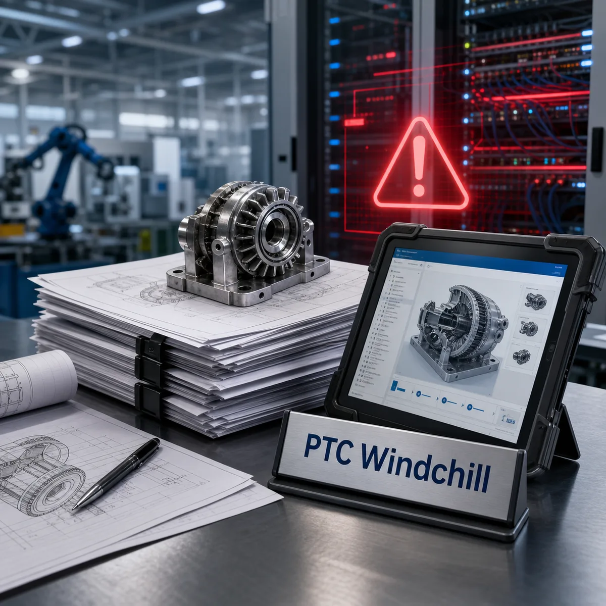 Editorial image showing manufacturing product lifecycle software, engineering files, and ransomware review evidence on an operations desk.