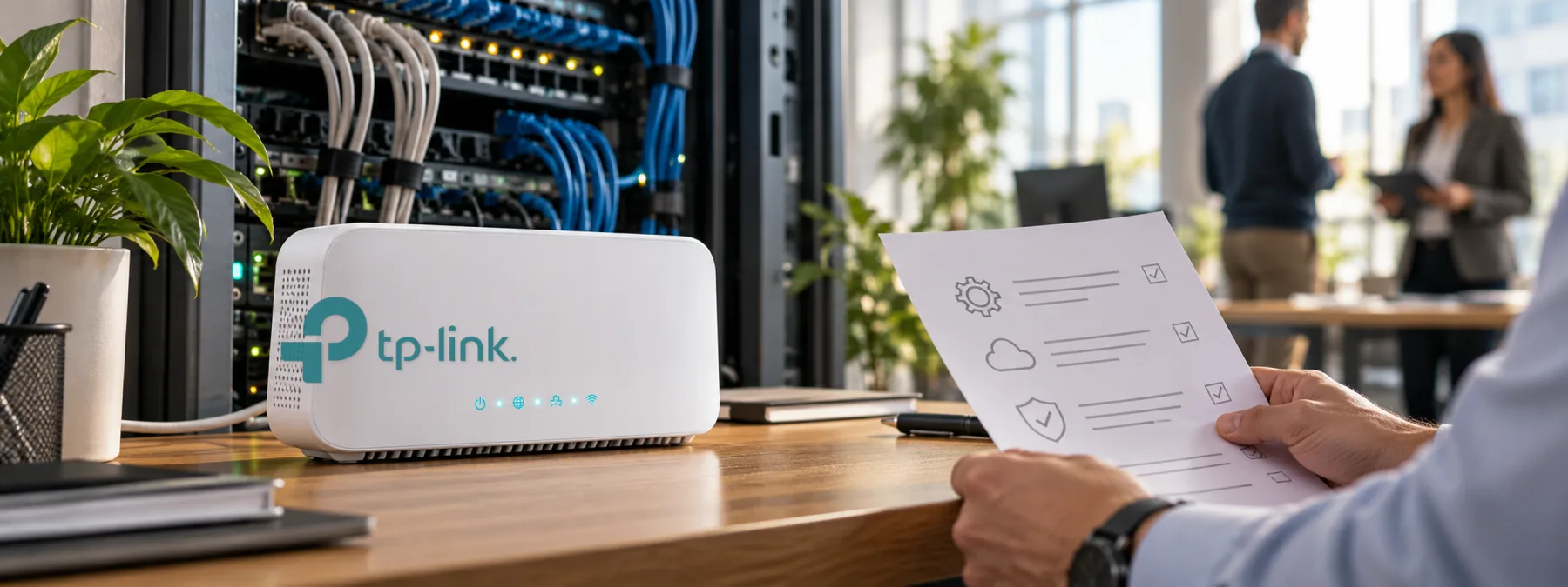 A small business router at the network edge with update and accountability signals in a modern office setting.