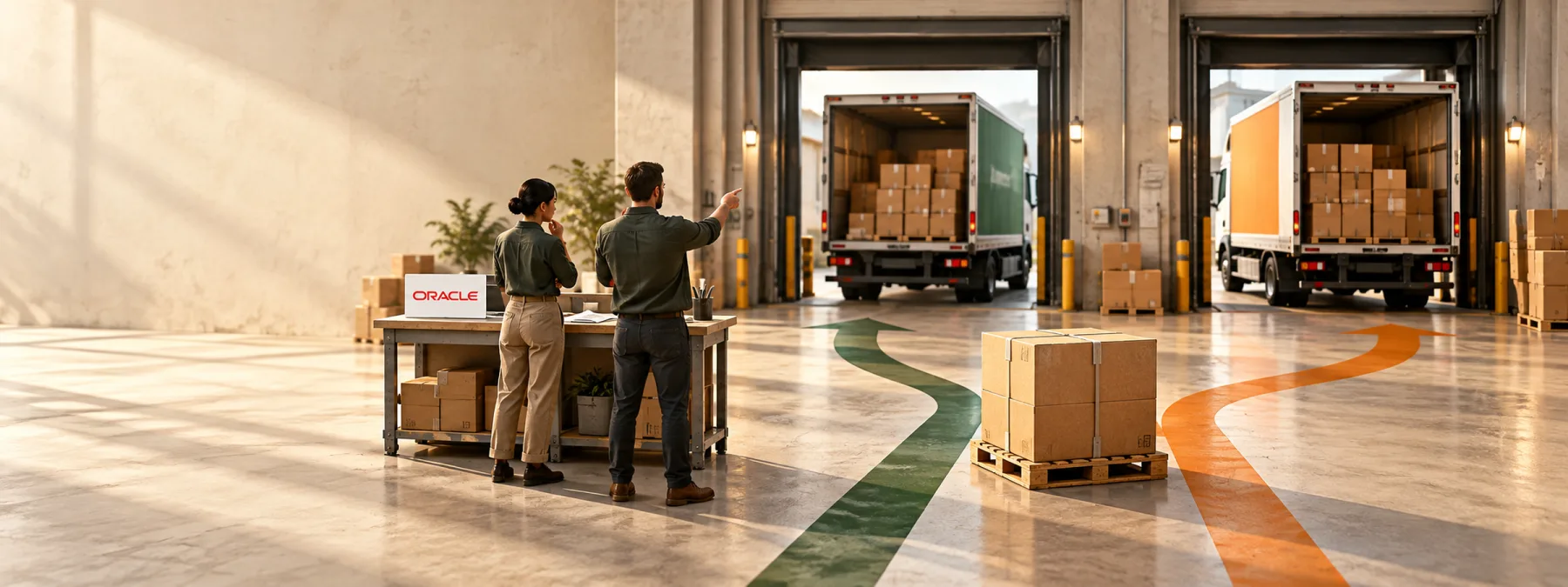 Editorial illustration of warehouse dispatch choices, a pallet of cartons, green and orange delivery routes and an Oracle identifier.