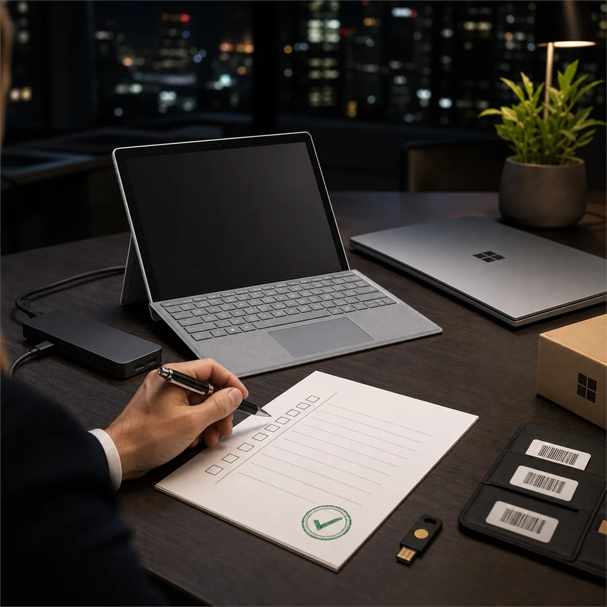 Editorial image of a business owner reviewing a Microsoft Surface endpoint refresh standard before approving new PCs.