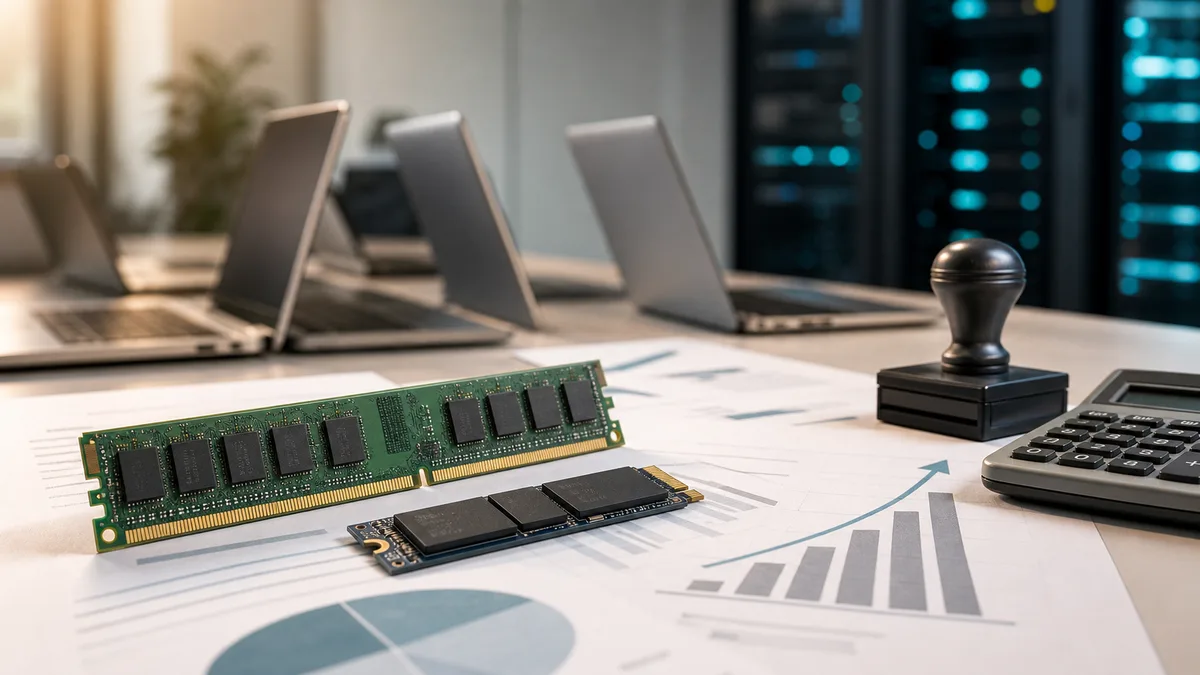 Editorial image showing AI data-center memory demand colliding with a business hardware refresh budget.